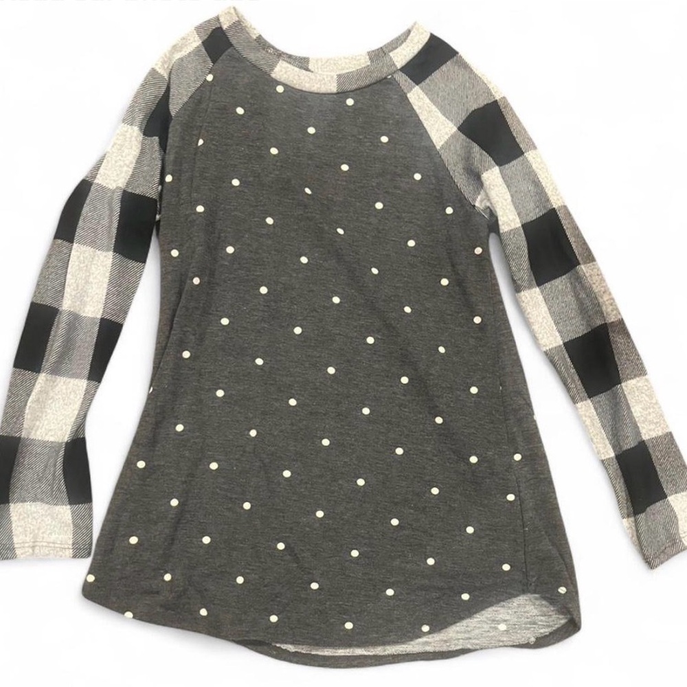 Women's Viamor Gray Polka Dot Top with Buffalo Plaid Sleeves Size S